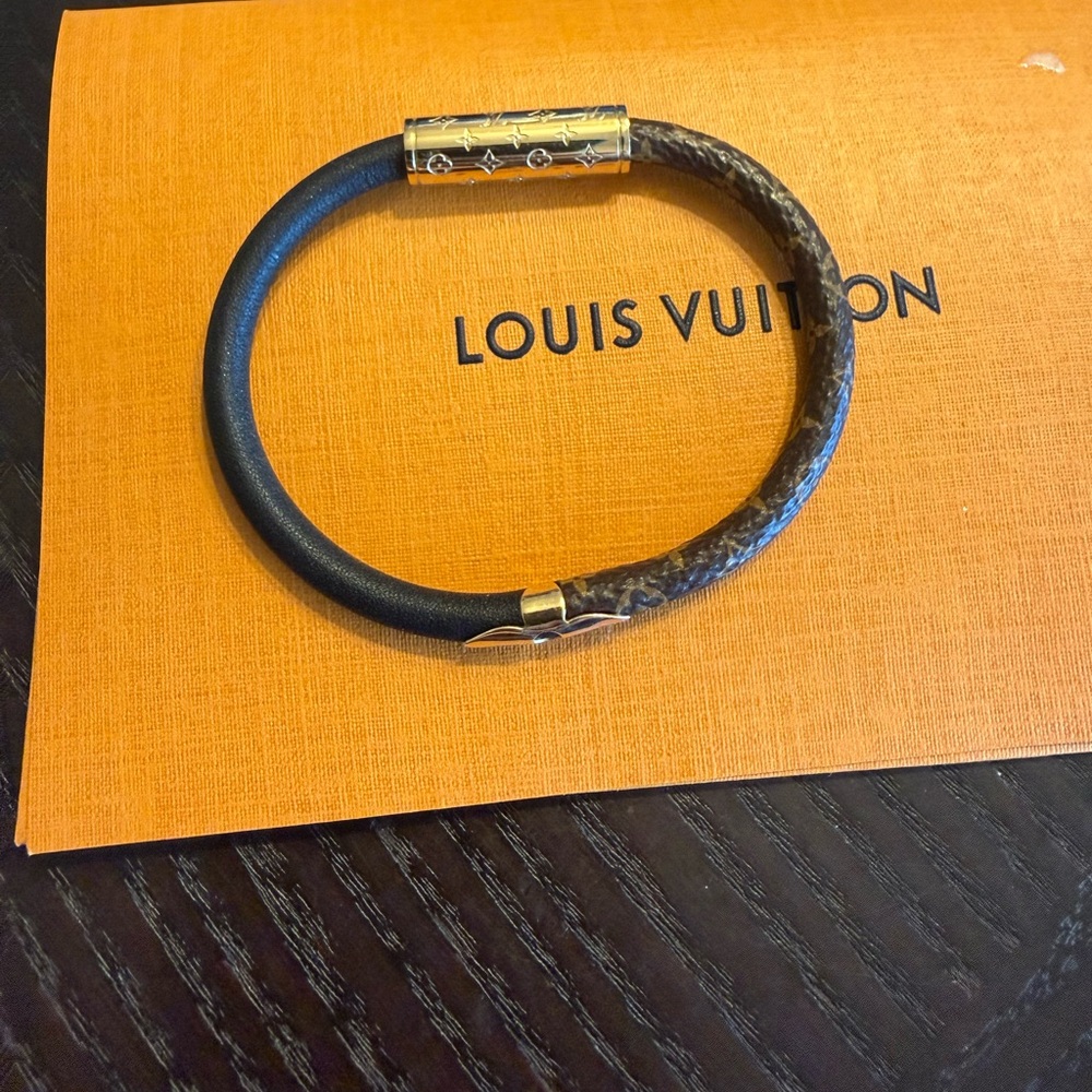 Louis Vuitton Women’s Black & Brown Monogram Leather Bracelet with Gold Clasp
